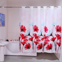 Water Repellent Polyester Fabric Lovely Red Flower Printed Hookless Shower Curtains